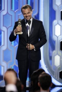 In this image released by NBC, Leonardo DiCaprio accepts the award for best actor in a motion picture drama for his role in "The Revenant" during the 73rd Annual Golden Globe Awards at the Beverly Hilton Hotel in Beverly Hills, Calif., on Sunday, Jan. 10, 2016. (Paul Drinkwater/NBC via AP)