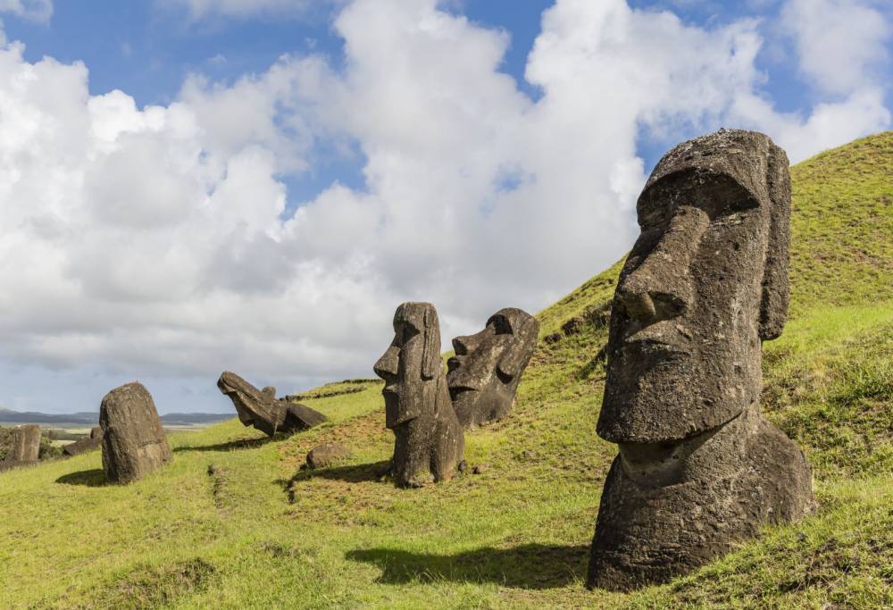 Mandatory Credit: Photo by Robert Harding/REX Shutterstock (4143206a).. Moai sculptures in various stages of completion at Rano Raraku, the quarry site for all moai on Easter Island, Rapa Nui National Park, UNESCO World Heritage Site, Easter Island (Isla de Pascua), Chile.. VARIOUS.. ..